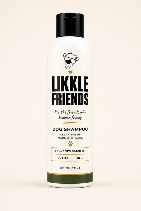 A bottle of Likkle Friends Dog Shampoo from Founder’s Batch 001